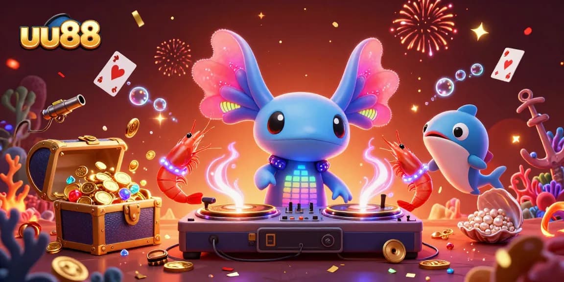 Spin to win with uu88 in a vibrant underwater casino scene featuring a DJ and lively sea creatures.