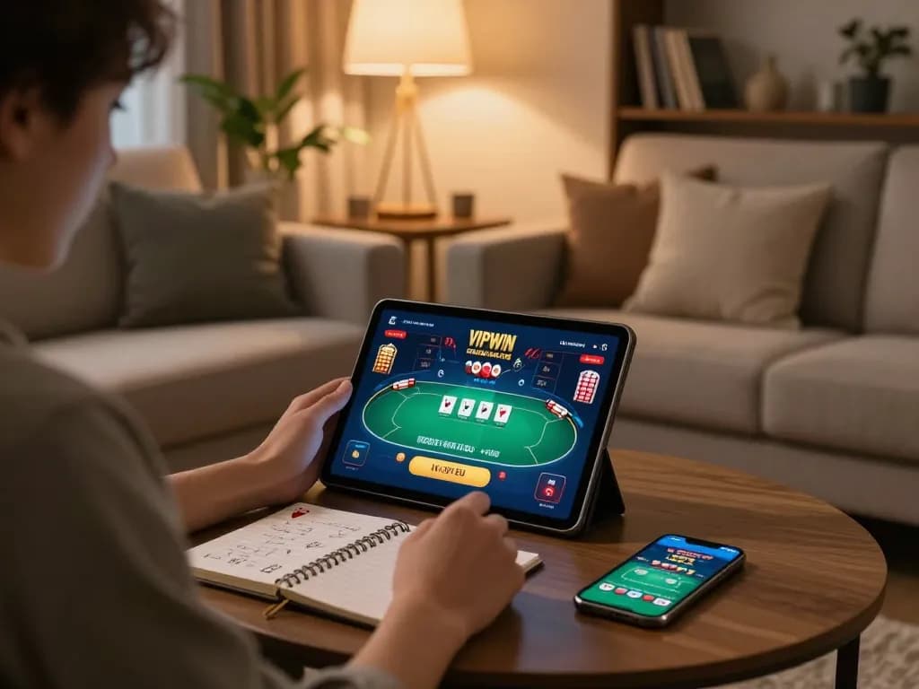 Engaging poker moment at VIPWIN online casino, showcasing a player on tablet with bankroll notes.