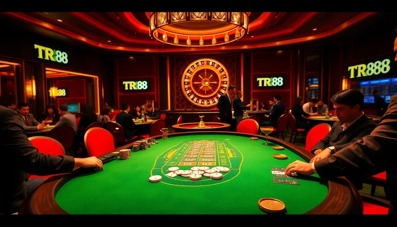 Exciting gaming action at TR88 casino with poker chips and cards on a vibrant table.