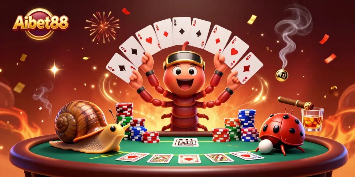 Aibet88 showcases a lively casino scene with vibrant characters, a dealer, and a high-roller pushing chips.