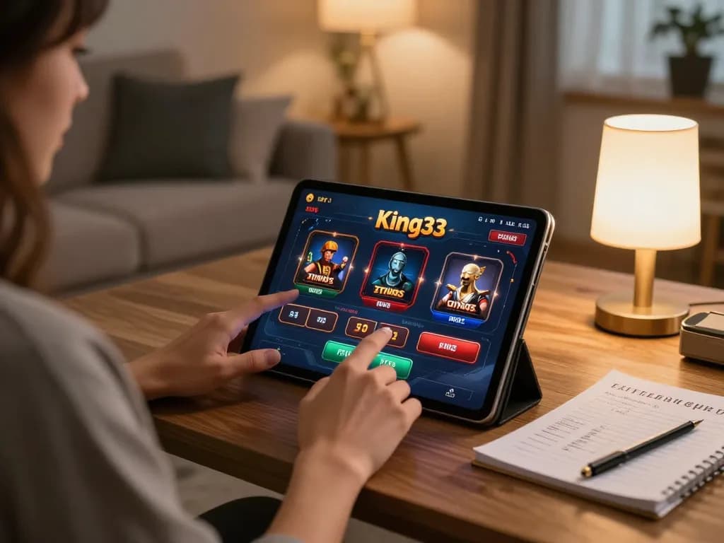 Player engaging with king33 on tablet in cozy home setting, emphasizing online gaming comfort.