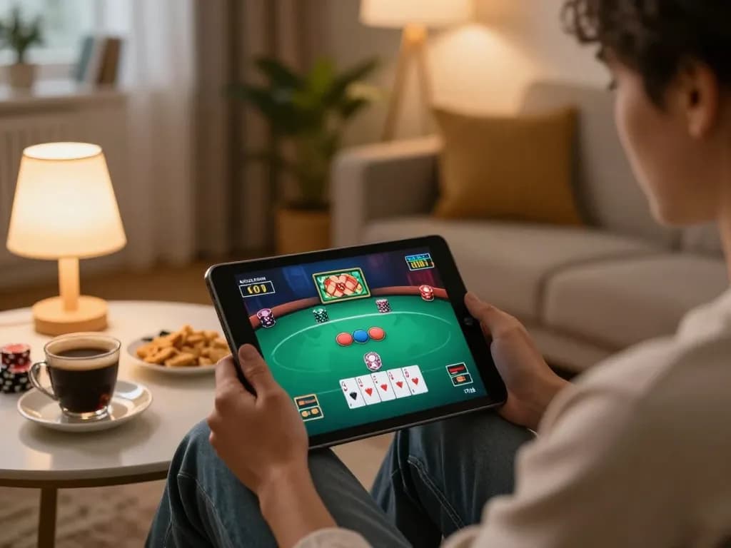 Person playing online poker on a tablet at home, enjoying a cozy atmosphere with snacks, embodying the spirit of tr88 gaming.