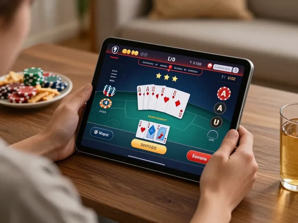 Engaging in poker gameplay on ok365's online casino interface from a cozy home setup.