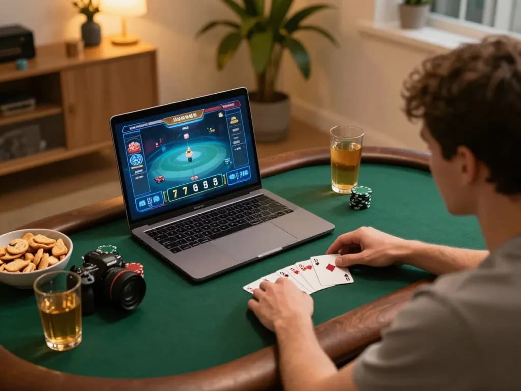 Player enjoying poker on laptop during cozy home gaming session with 32win platform.