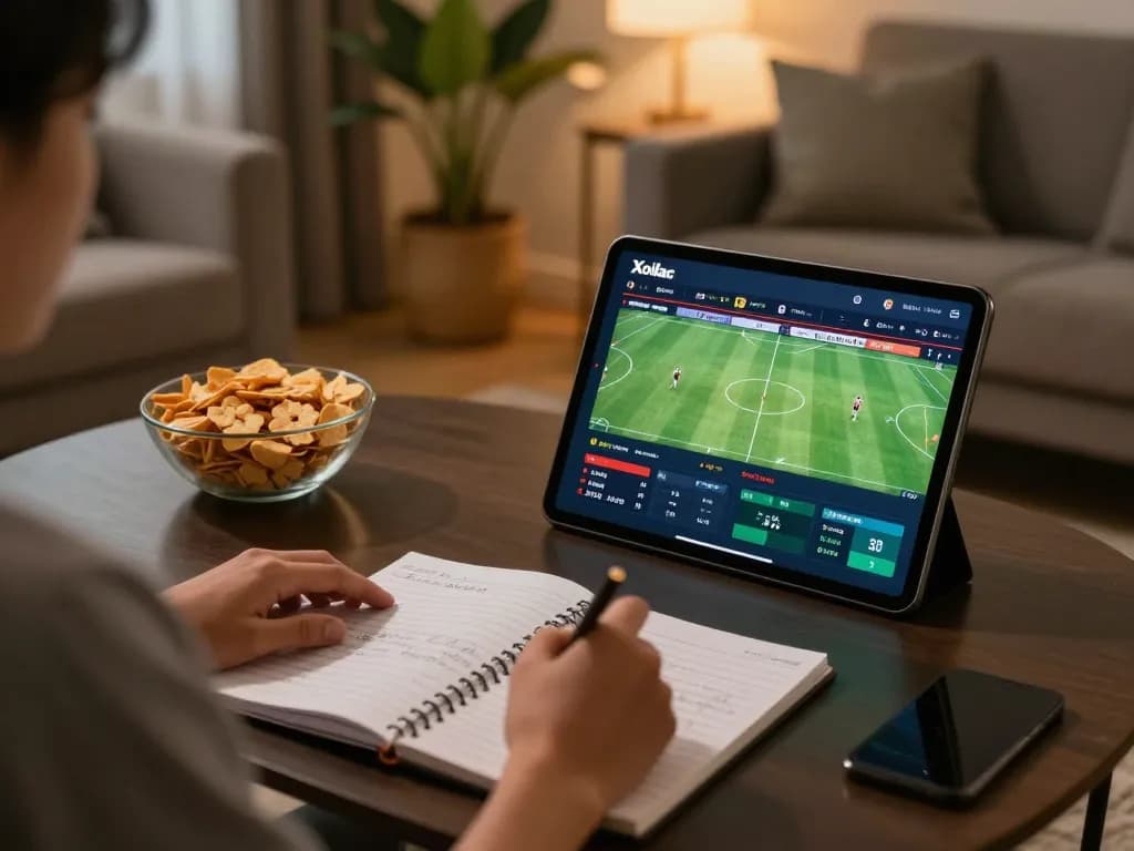 Xoilac app interface displayed on tablet during online sports betting session, showcasing live match stats.