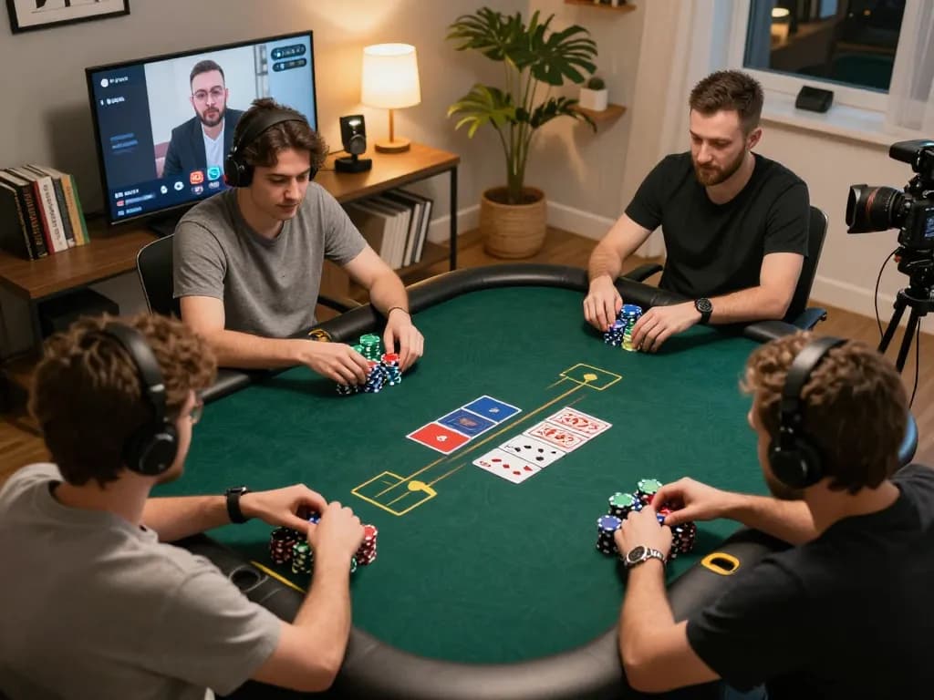 Kuwin players engage in an online poker game, showcasing strategic moves and vibrant chips.