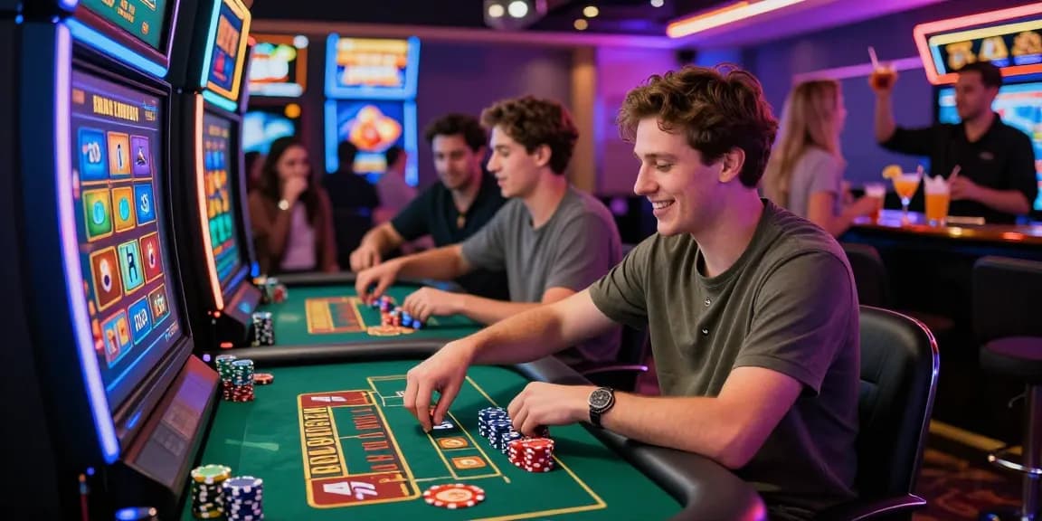 Exciting credit card casino scene with a lively player at a gaming table, showcasing colorful chips and digital screens, highlighting the vibrant atmosphere of online gambling.
