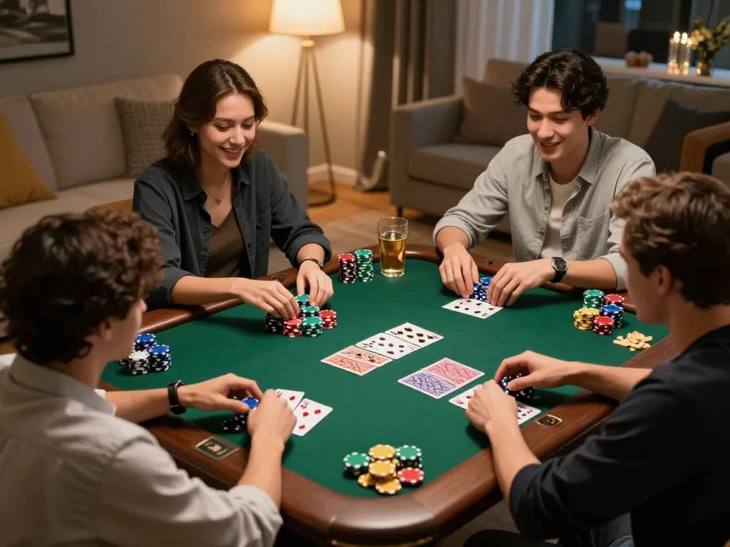 Engaged players at home poker night while tải hitclub adds to their gaming experience.