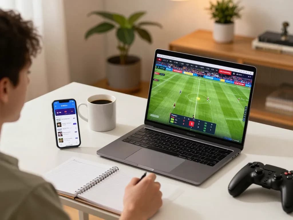 Engaging in a footbal stream Cakhiatv session on a laptop, showcasing a modern home gaming setup.