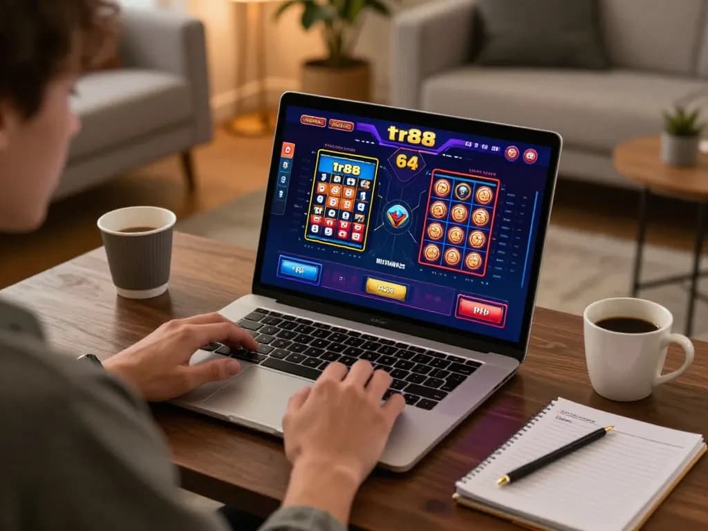 tr88 user enjoying an online gambling session with vibrant gameplay on a laptop in a cozy home setting.