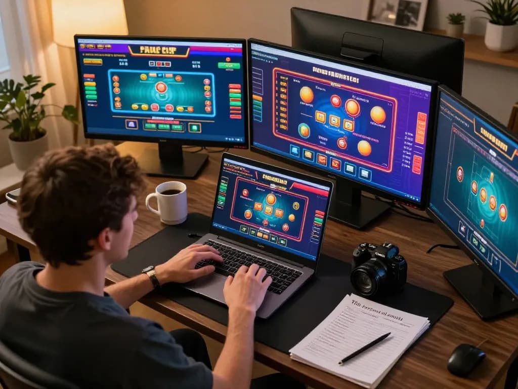 Engaging in togel online with detailed gameplay on multiple screens from a cozy home setup.