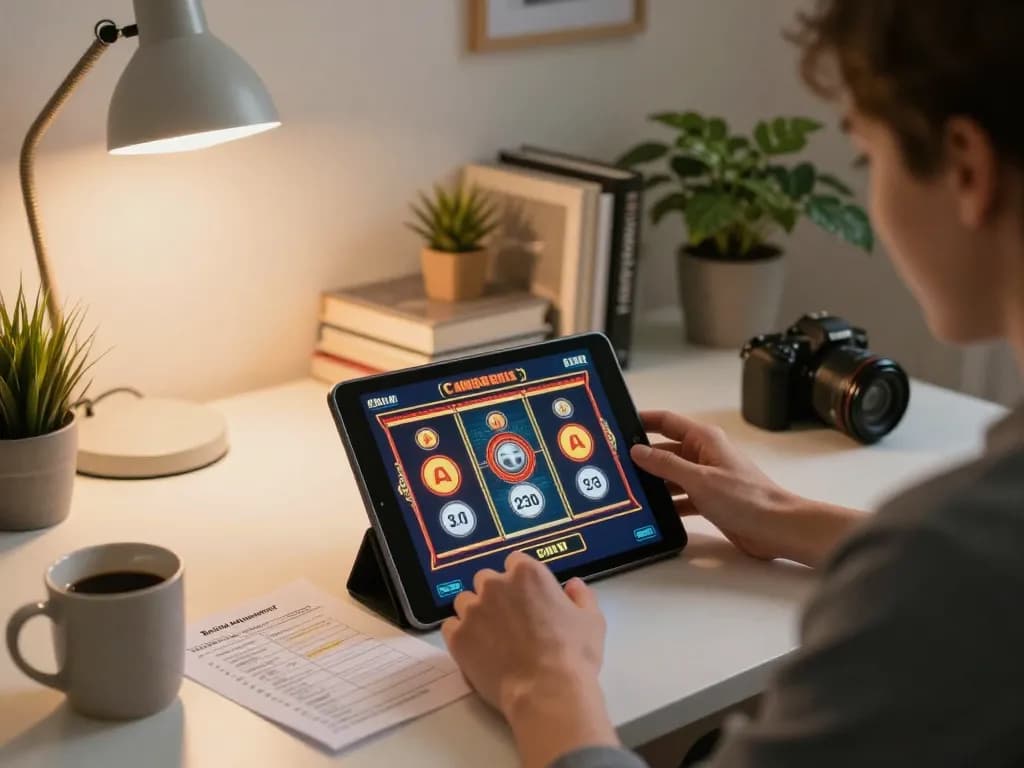 Engaging with slot depo 5k gameplay on a tablet at home, showcasing responsible gambling environment.