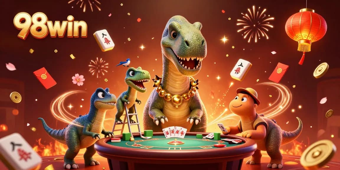 Experience excitement at 98win with 3D casino characters amidst vibrant game elements.