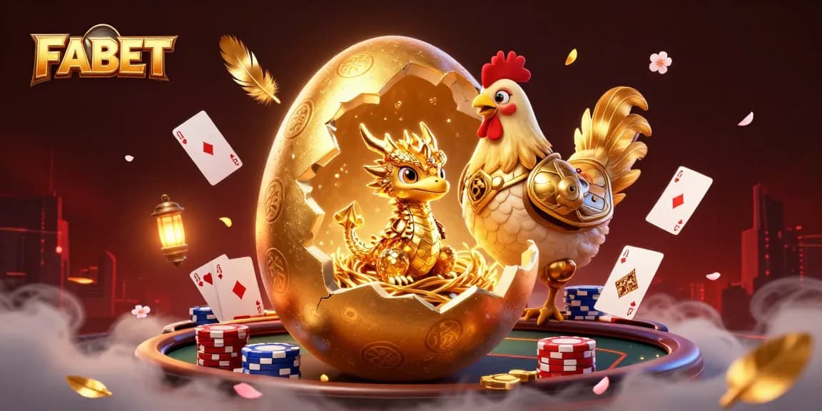 Engage with FABET's thrilling poker world featuring dynamic golden dragon and card elements.
