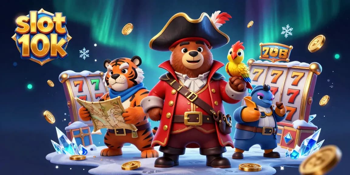Spin and win at slot 10k with an adventure featuring a pirate bear, tiger, and golden coins!