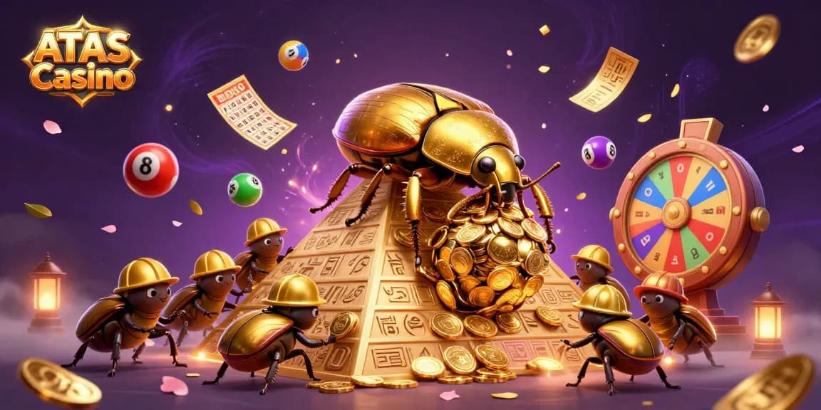 Engage with the vibrant world of ATAS Casino through lively lottery-themed gaming illustrations filled with golden coins and excitement.