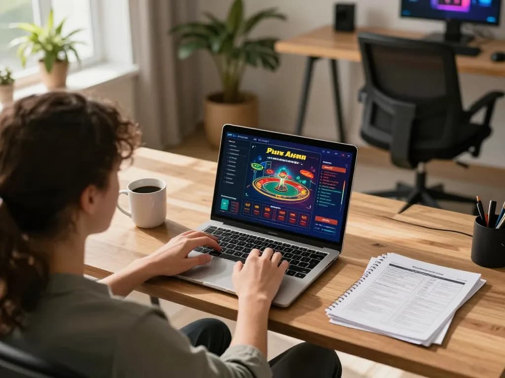 Player engaging with lsa online casino on a laptop in a cozy home office.