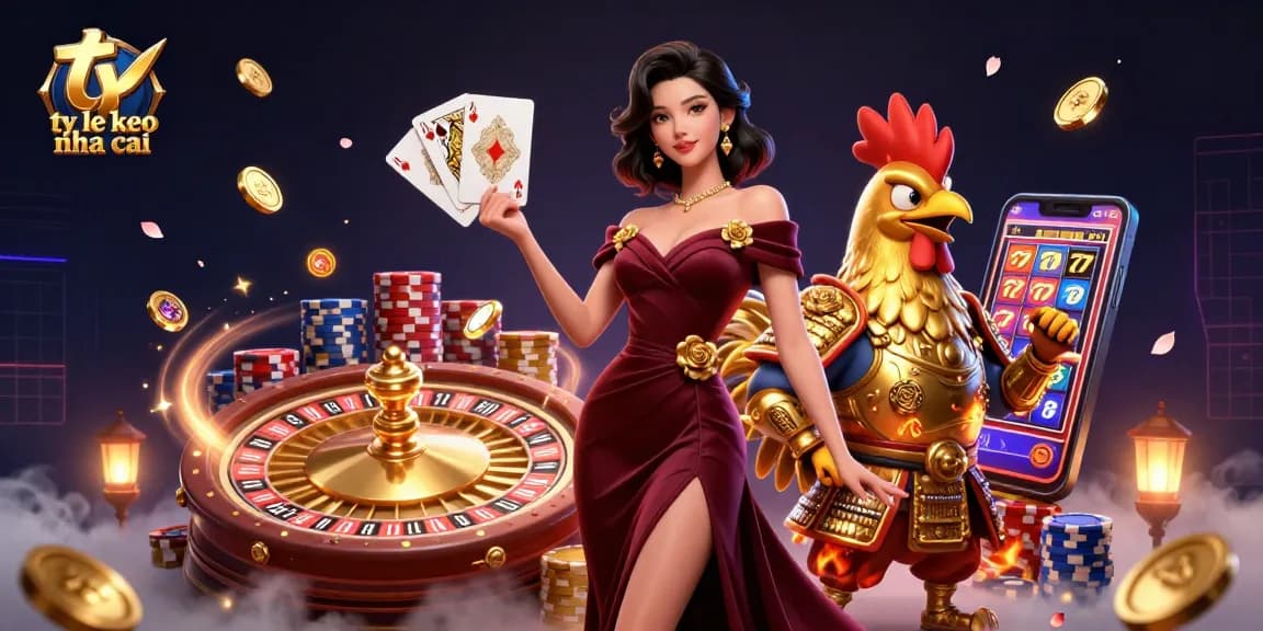 Engage with ty le keo nha cai through a captivating illustration of a glamorous woman and a golden rooster warrior.