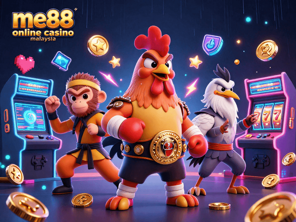 Experience the energy of me88 online casino Malaysia with vibrant characters and game elements!