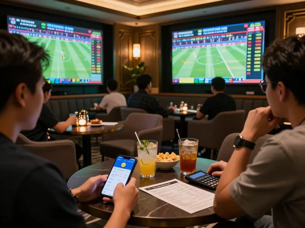 Tỷ Lệ Bóng Đá sports betting experience with engaged bettors analyzing odds and placing wagers.