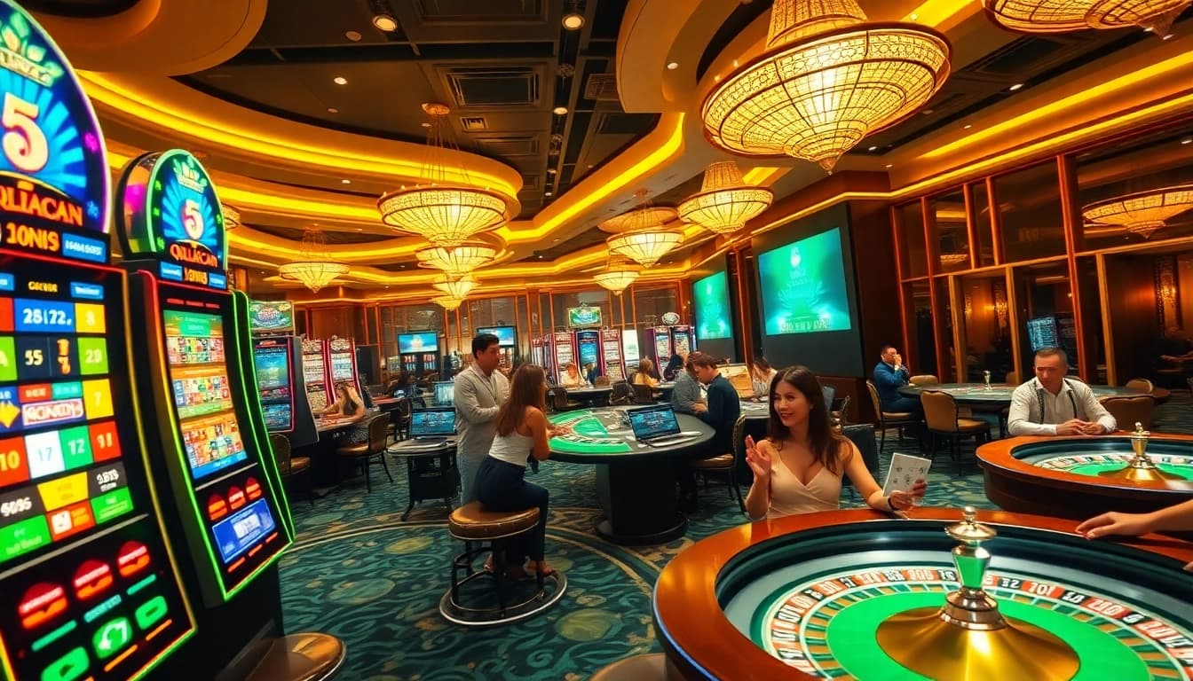 Players enjoy a thrilling gaming session at qqmacan's vibrant casino, filled with slot machines and poker tables.
