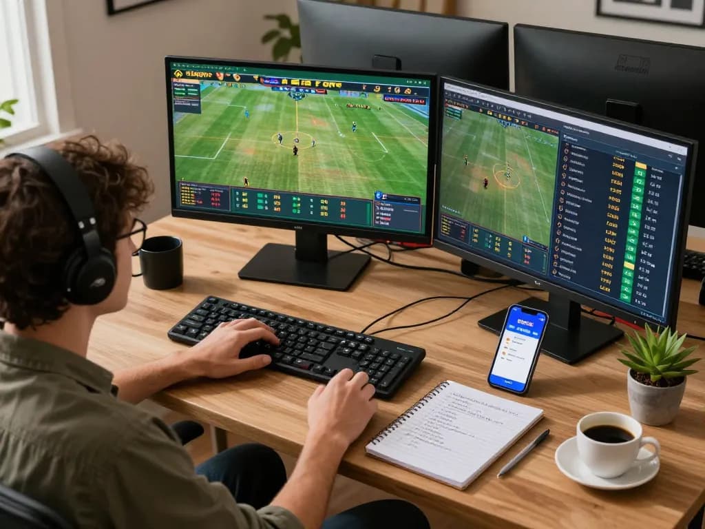 Engaging online sports betting setup showcasing the Nhà Cái OKFUN app with live odds and strategies.