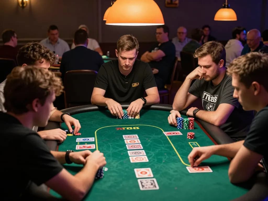 TR88 players engaging in intense poker action, strategizing with chips and cards on the table.