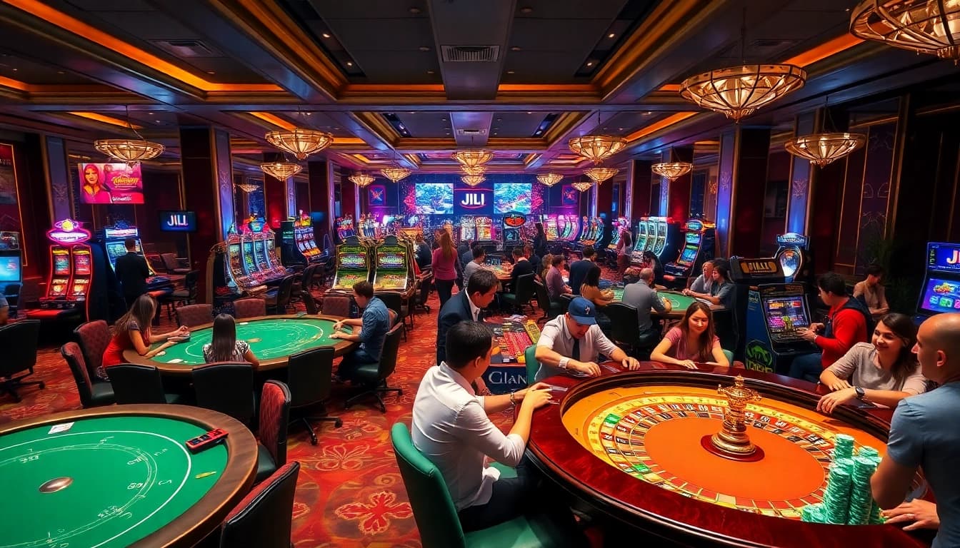 Players enjoy engaging casino games with JILI branding, showcasing vibrant slot machines and exciting tables.