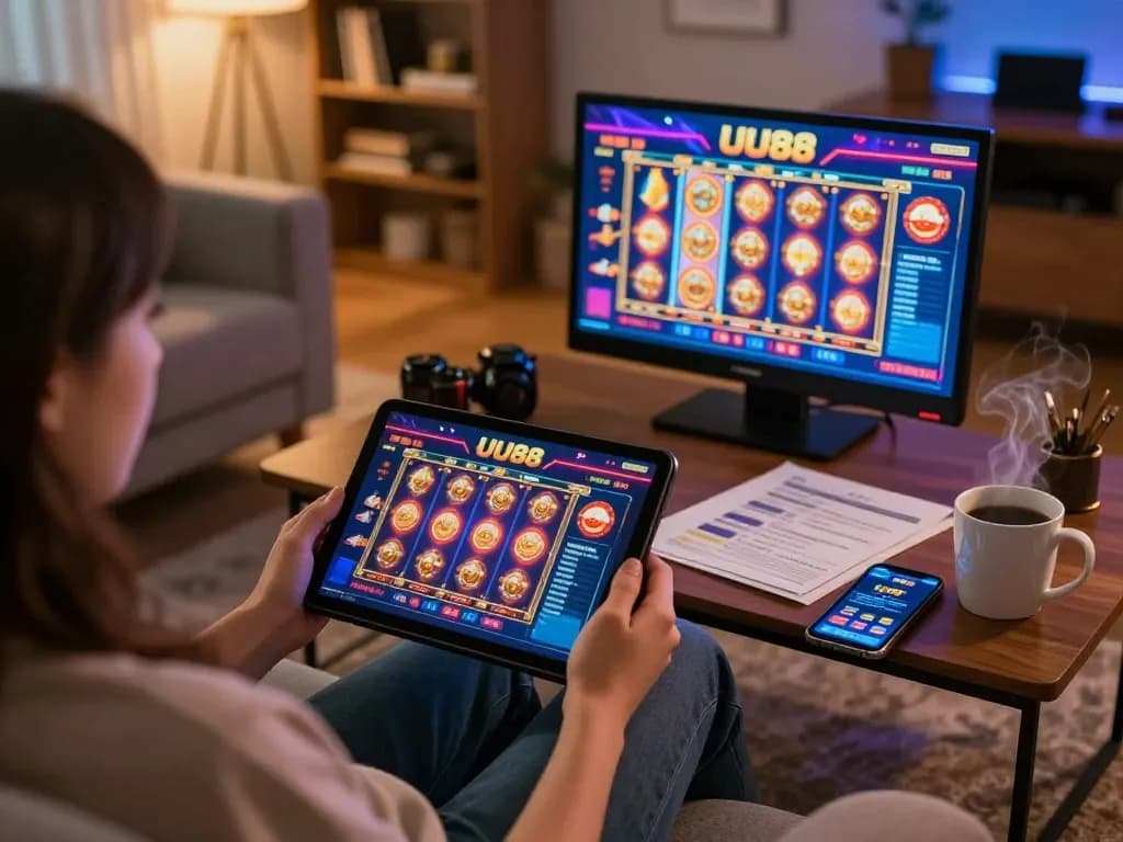 Engaged user enjoying UU88 online casino gaming on tablet in comfy home setting.