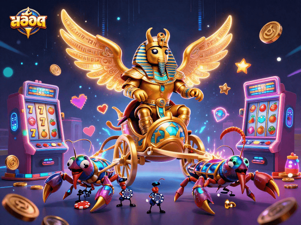 Spin สล็อต reels with golden beetles and scorpions amidst a jubilant casino scene
