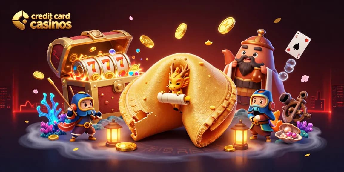 Experience credit card casinos with a dynamic scene featuring a golden cookie, dragon, and vibrant game elements.