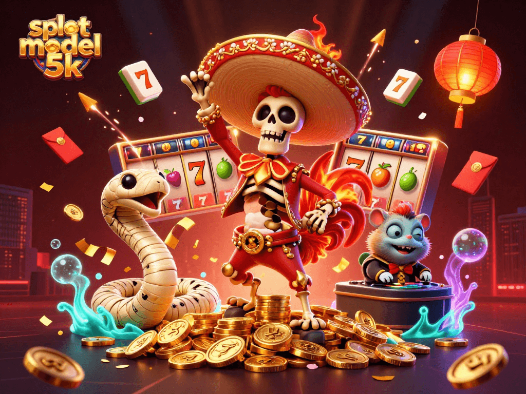 Spin the reels in slot modal 5k with vibrant casino characters dancing around golden coins.