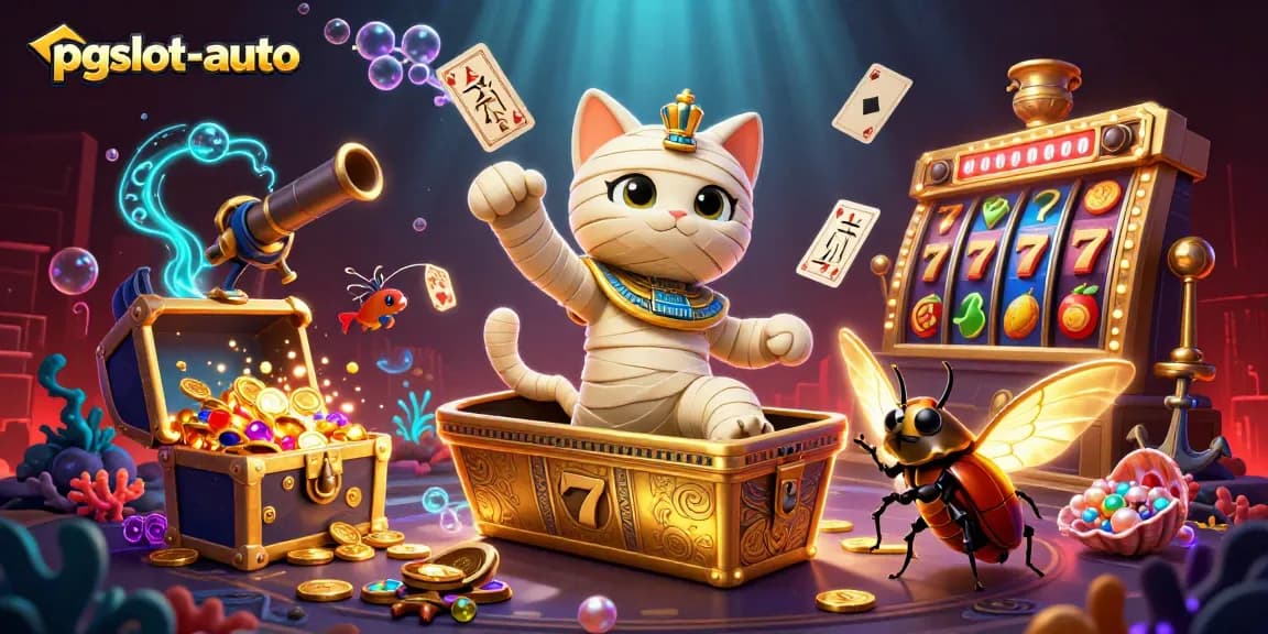 Experience the excitement of pgslot-auto with a vibrant 3D casino scene featuring joyful characters and rich game elements.
