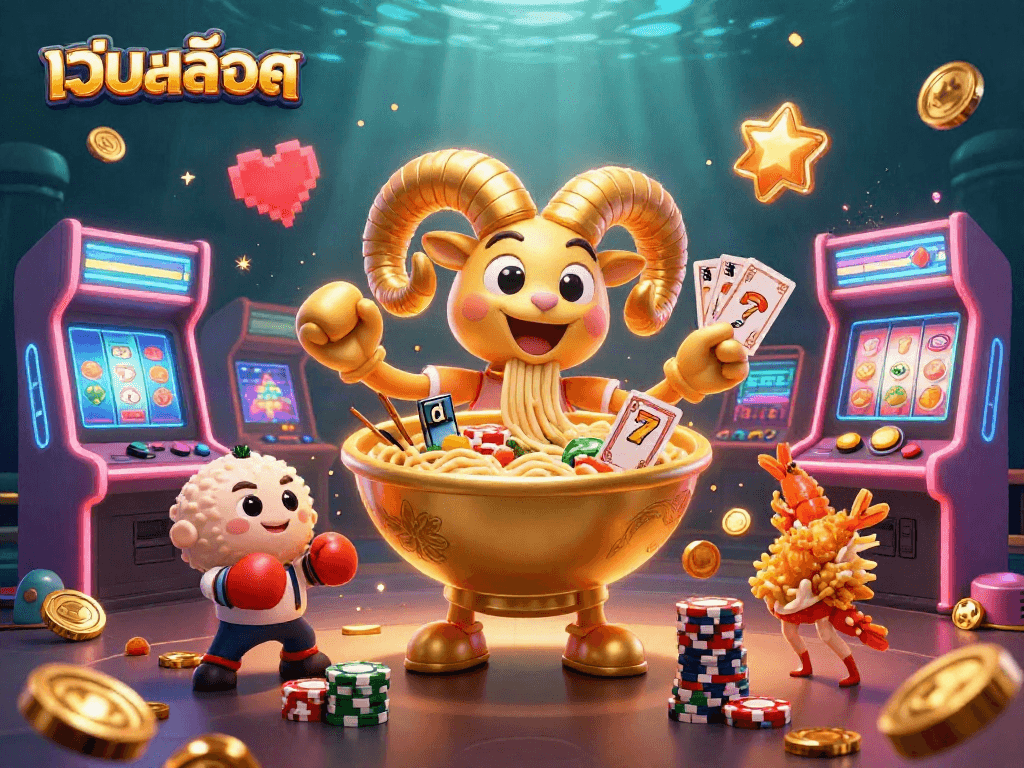 Engage in เว็บสล็อต with a vibrant 3D depiction of a giant ramen bowl dealing cards alongside sushi and tempura.