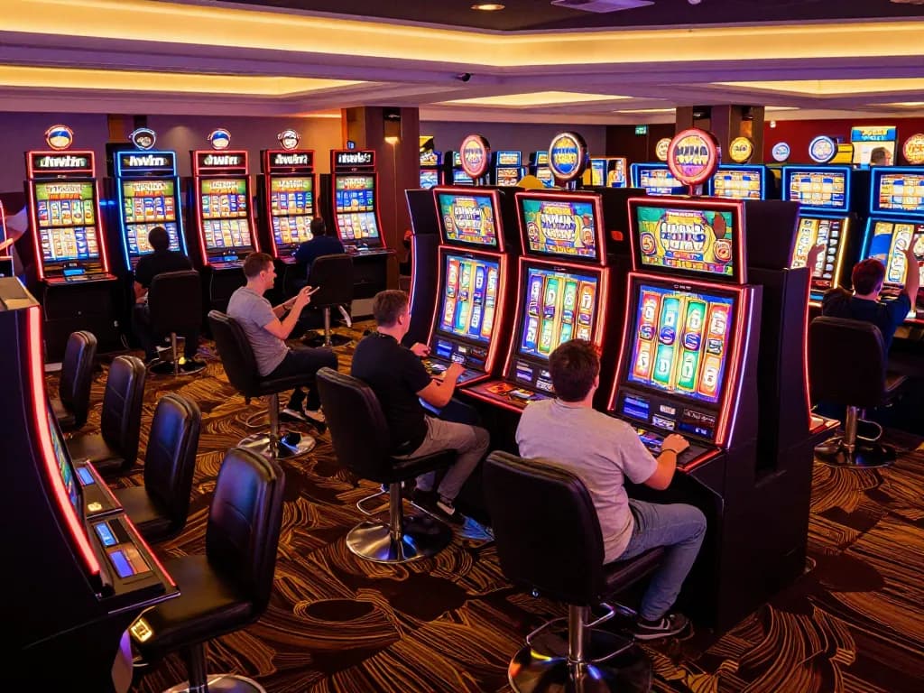 Iwin players cheering as they engage with colorful slot machines in a lively casino atmosphere