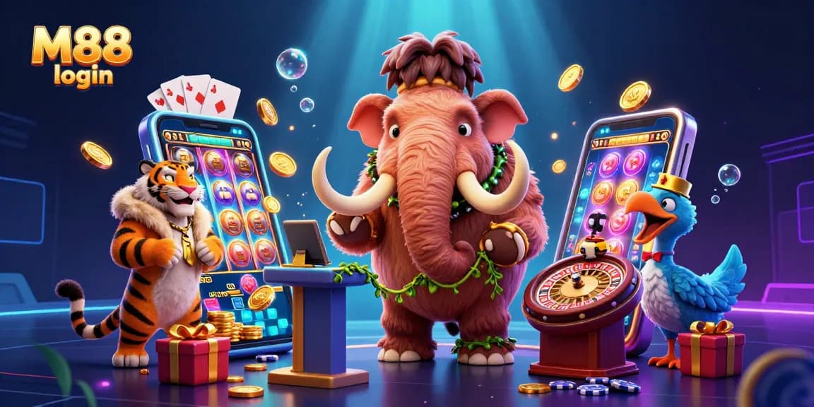 M88 login and jackpot excitement come alive in a dynamic casino scene with vibrant characters.