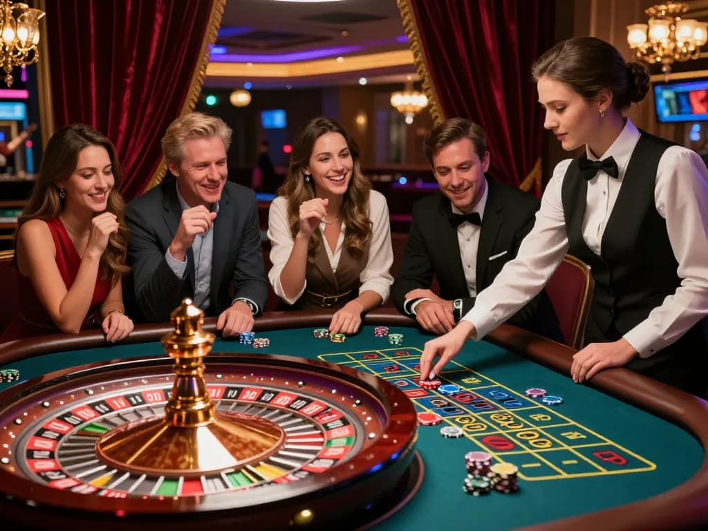 Situs ggdewa777 players eagerly placing bets at an exciting roulette table in a vibrant casino.