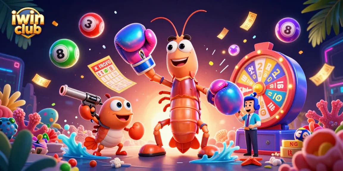 Join the excitement at iwin club with vibrant lottery balls and game elements in a lively casino scene.