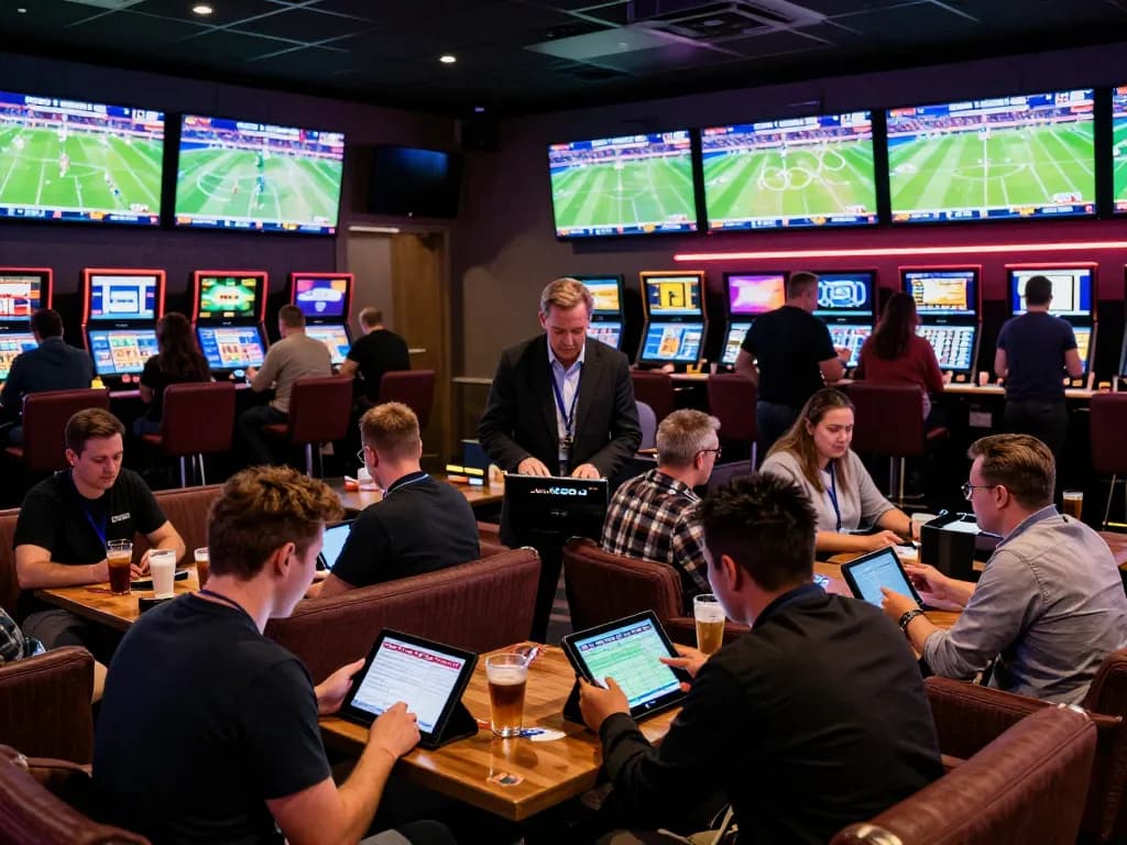 Tỷ lệ kèo nhà cái showcased in a lively sportsbook setting with eager bettors analyzing odds and placing bets.