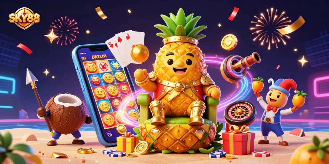 Engage with SKY88's vibrant scene featuring a golden pineapple king, colorful slots, and dynamic casino elements.