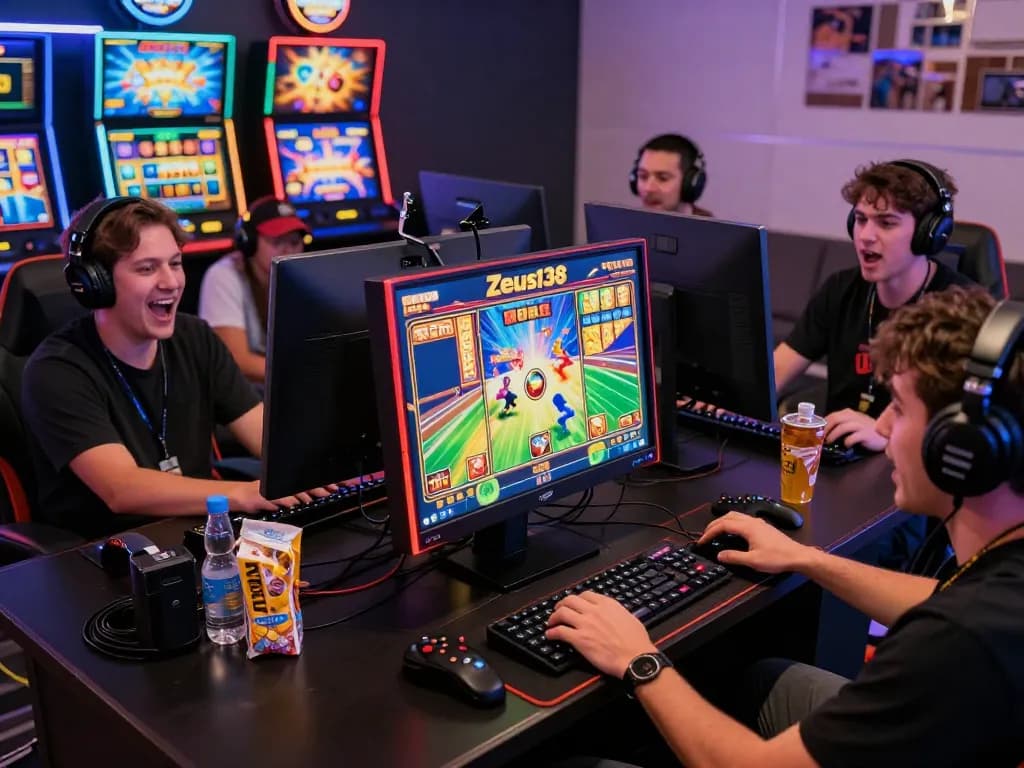 Players enthusiastically gaming on Zeus138 slot platform, showcasing vibrant slot visuals and engaging atmosphere.