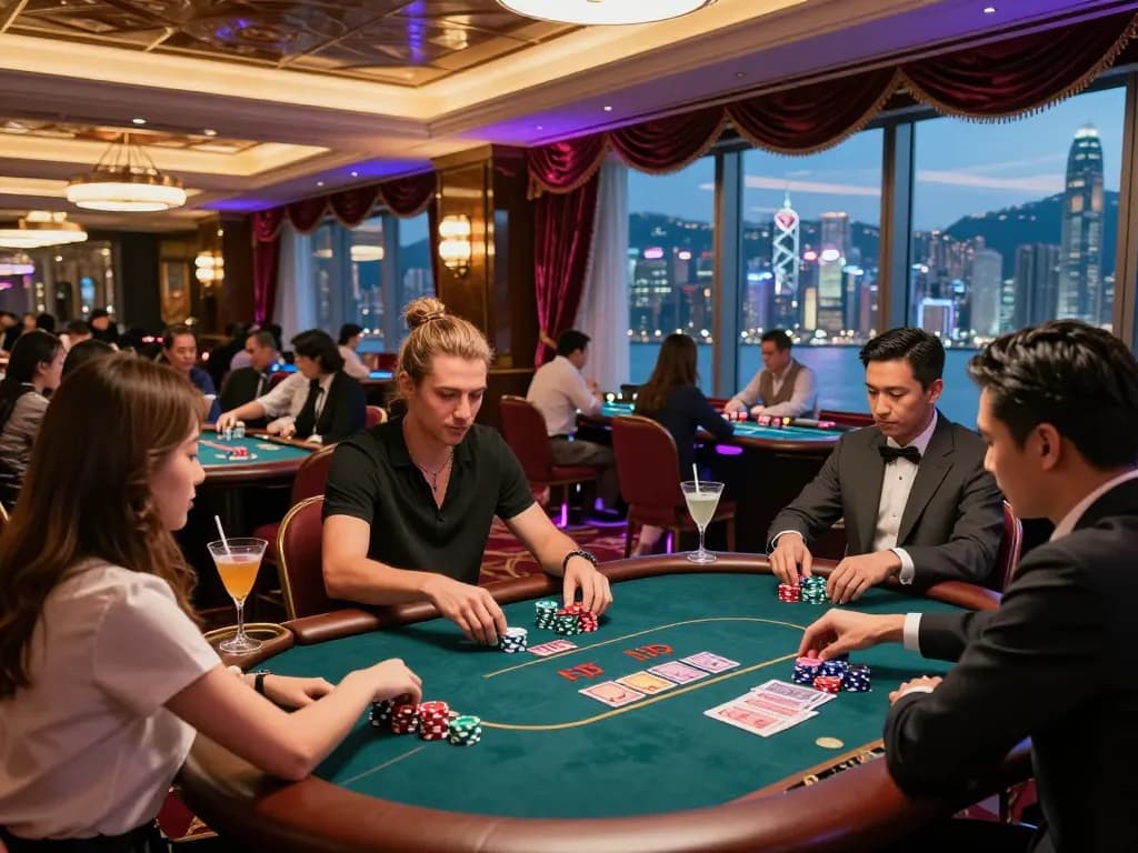 Casino hong kong gaming hall with guests enjoying poker atmosphere and skyline view