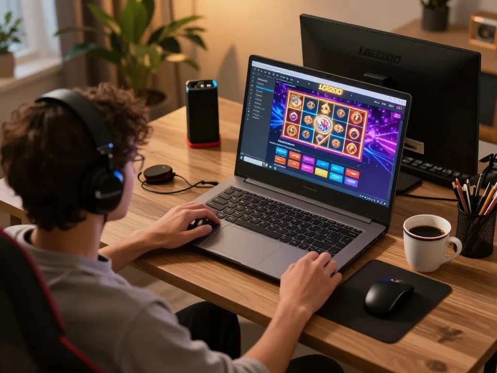 LIGA2000 online casino gaming setup with vibrant slot games, player engaged at home desk.