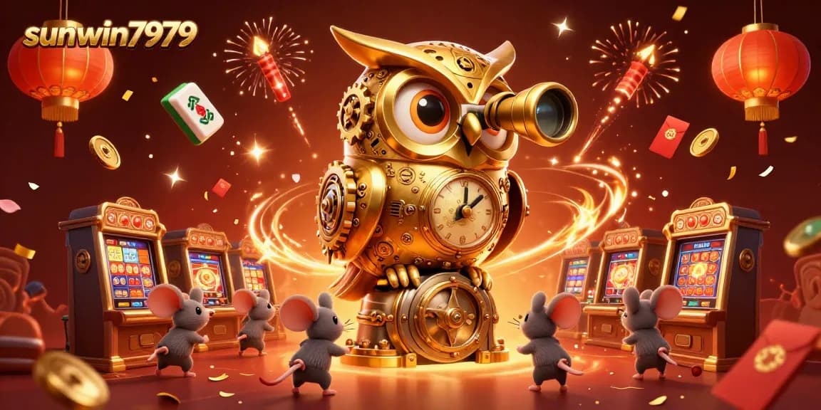 Win big with sunwin7979 in a vibrant 3D casino scene featuring a golden owl and charming mouse patrons.