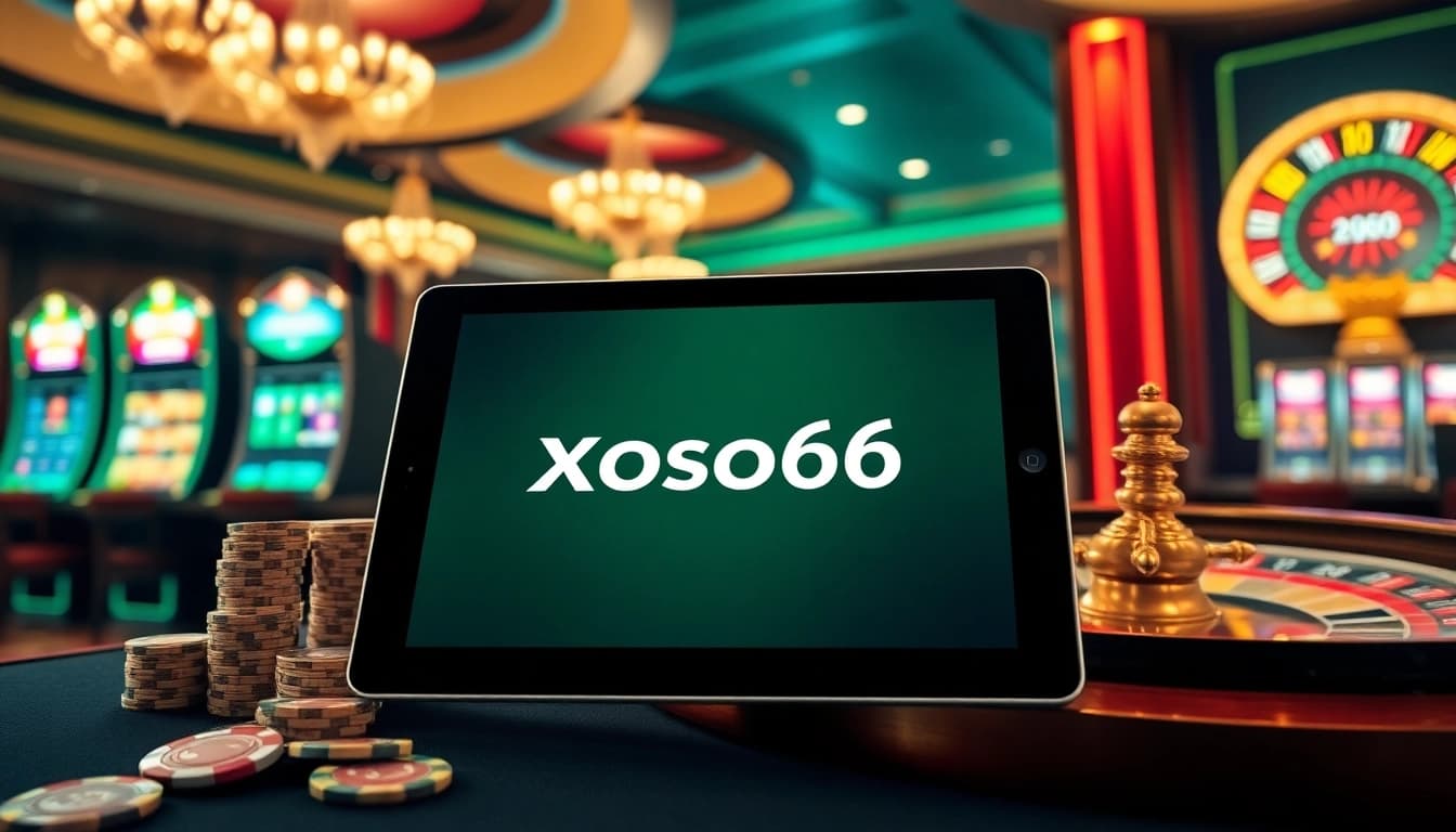 Xoso66 online casino interface showcasing poker chips and a roulette wheel in an elegant environment.
