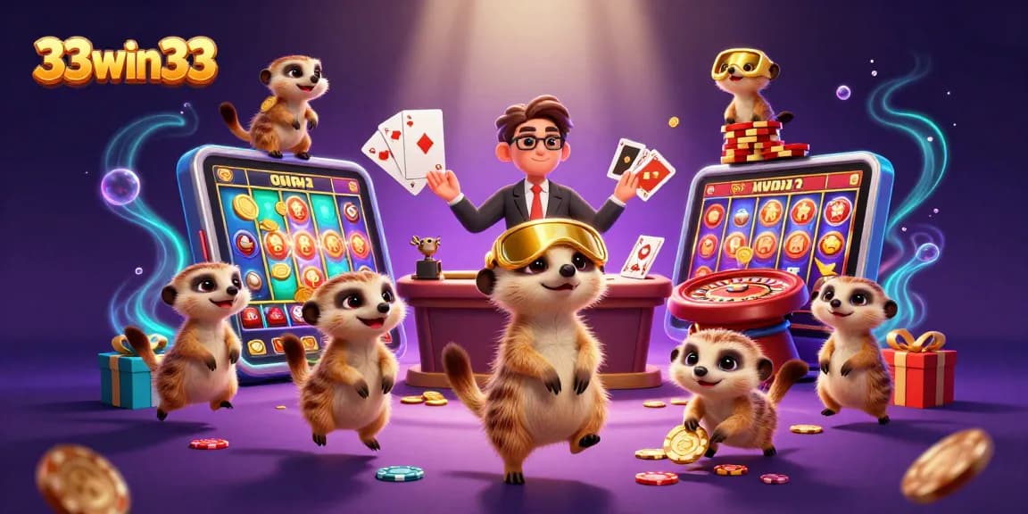 Engage in thrilling gameplay with 33win33 as meerkat dealers and a pit boss oversee an exciting casino scene.
