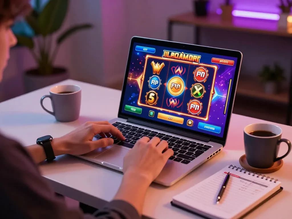 Engaging slot online gameplay on a laptop surrounded by a cozy home setting.