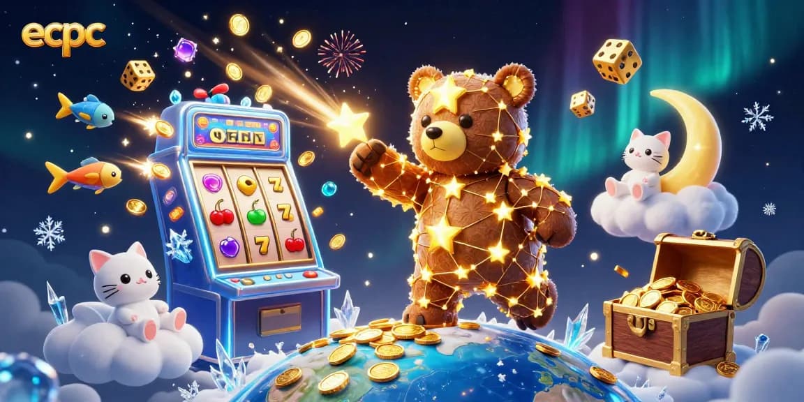 Experience the magic of ecpc as a constellation bear collects coins amidst thrilling casino elements.