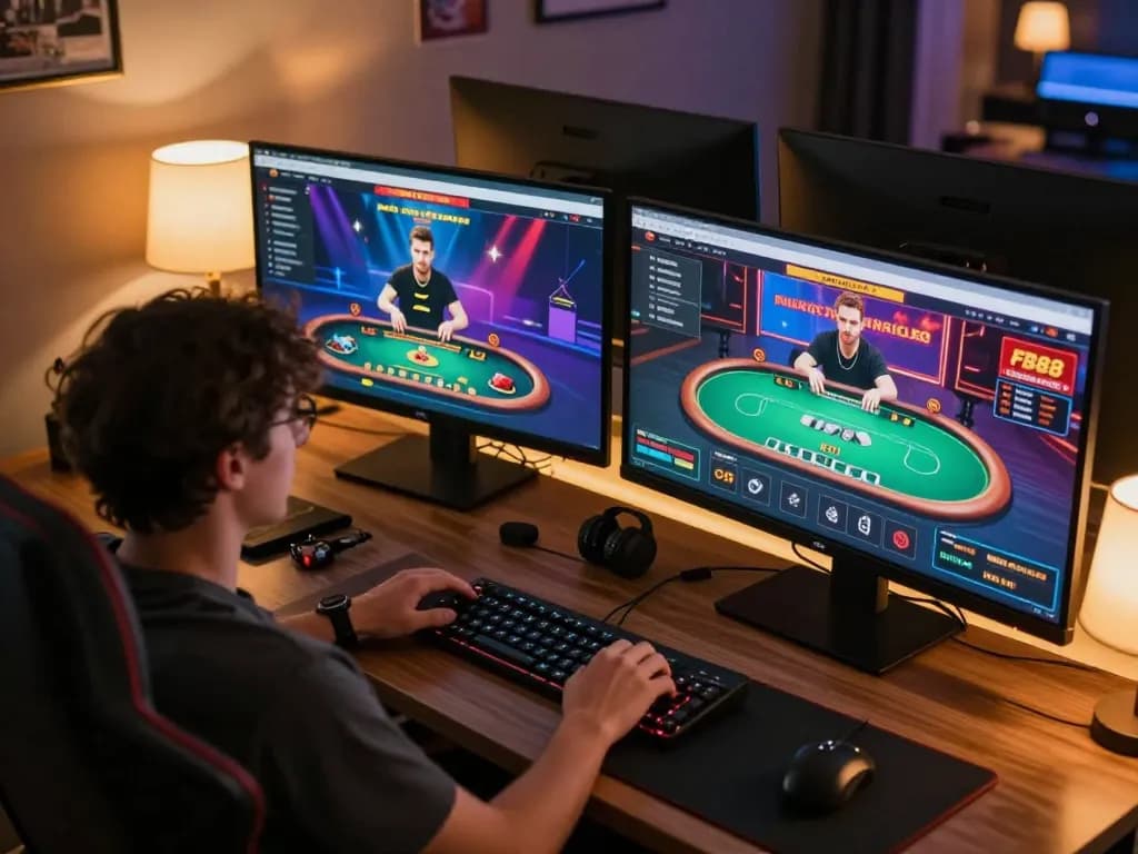 Engaging in FB88 live dealer games on dual screens for strategic online gaming.