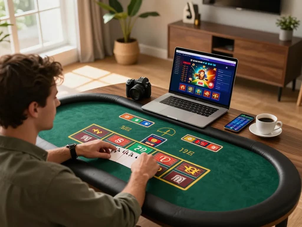 Player engaging in online poker game at home on rik vip, showcasing a modern setup and strategic gameplay.